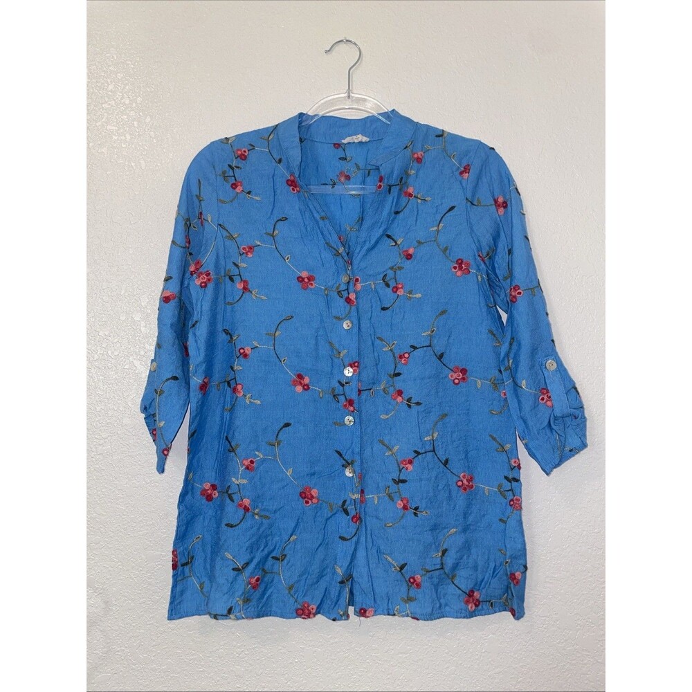 Kindred Womens M Medium 3/4 Sleeve Embroidered Blouse Top Feminine Button Boho